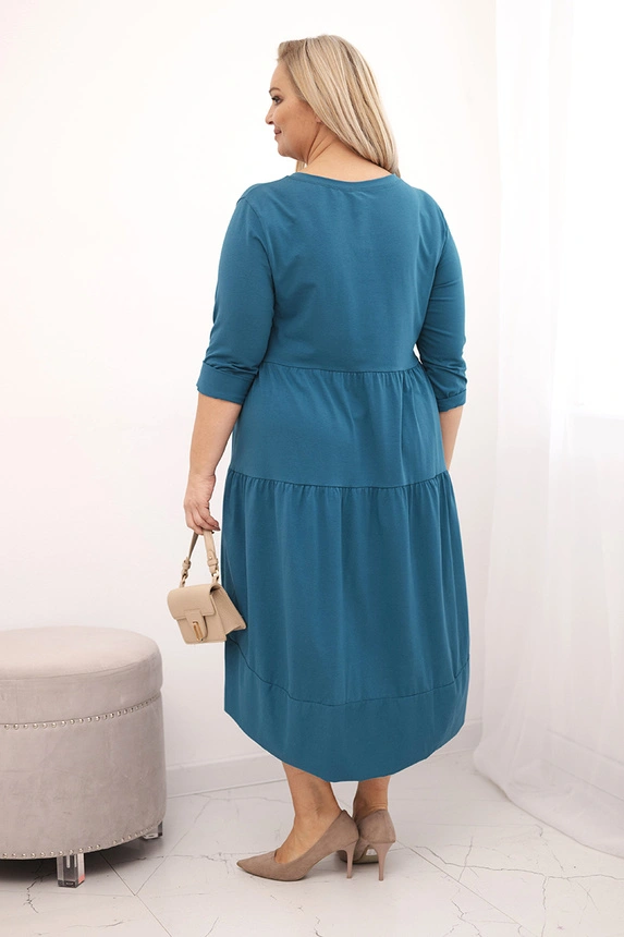 Damen Baumwollkleid Plus Size mit Rüschen und umgeschlagenem Ärmel türkis