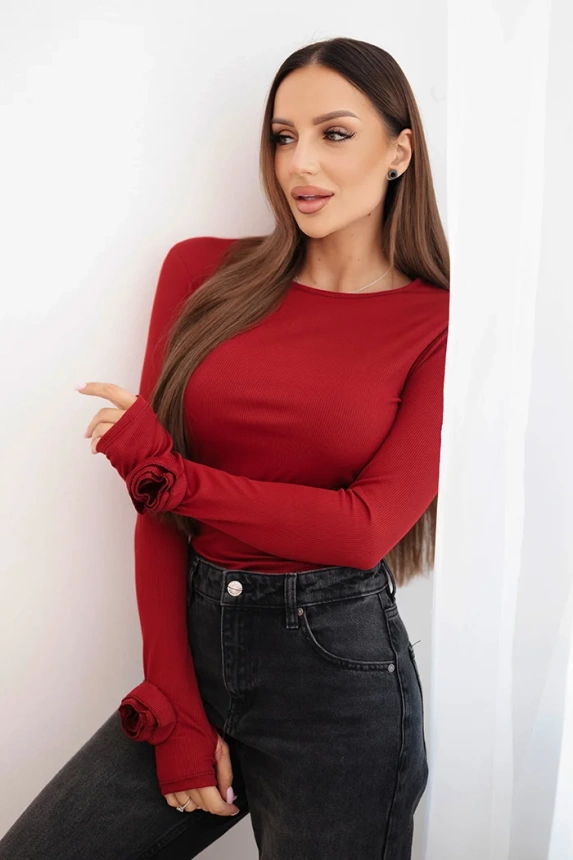 Women's ribbed blouse with side ruching burgundy