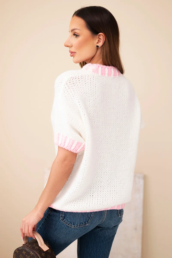 Sweter damski z krótkim rękawem i kontrastowym ściągaczem ecru