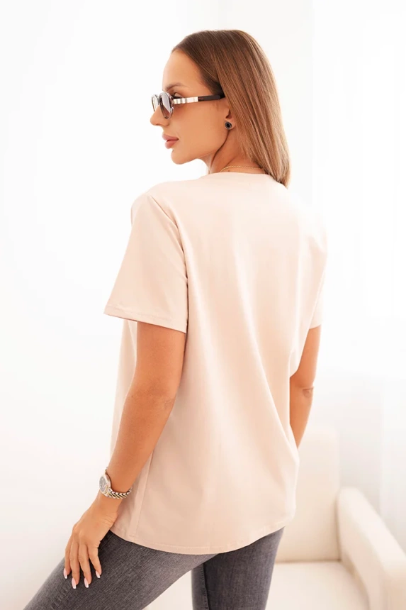 Women's cotton blouse with a V-neck and short sleeves beige