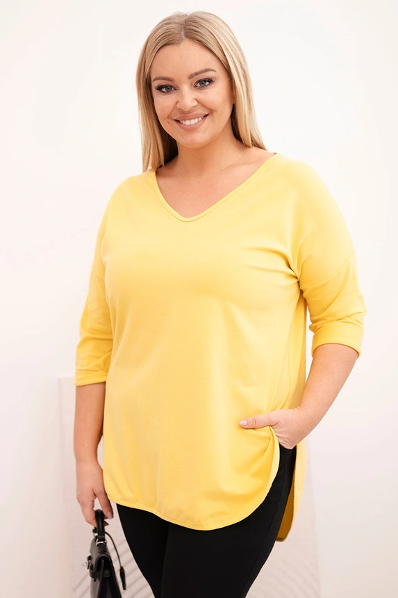 Women's cotton Plus Size blouse with a V-neck and rolled-up sleeves yellow