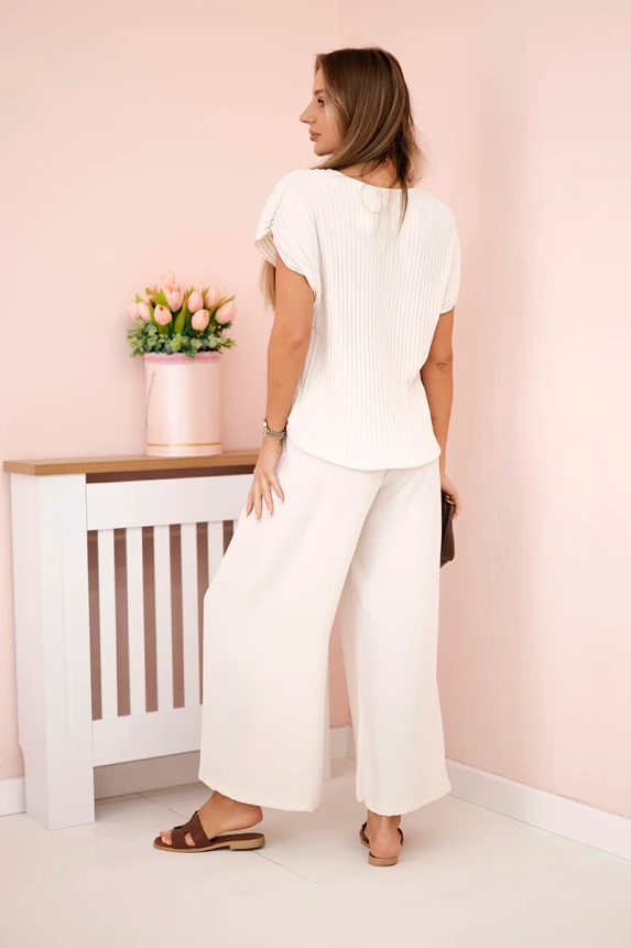 Viskose-Set plissierte Bluse + Hose beige