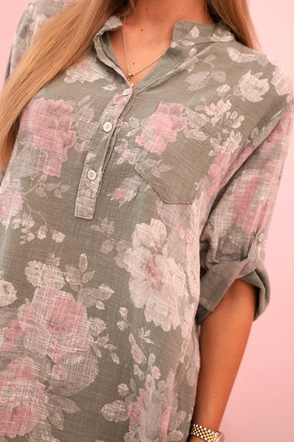 Women's cotton shirt with floral pattern and roll-up sleeves khaki