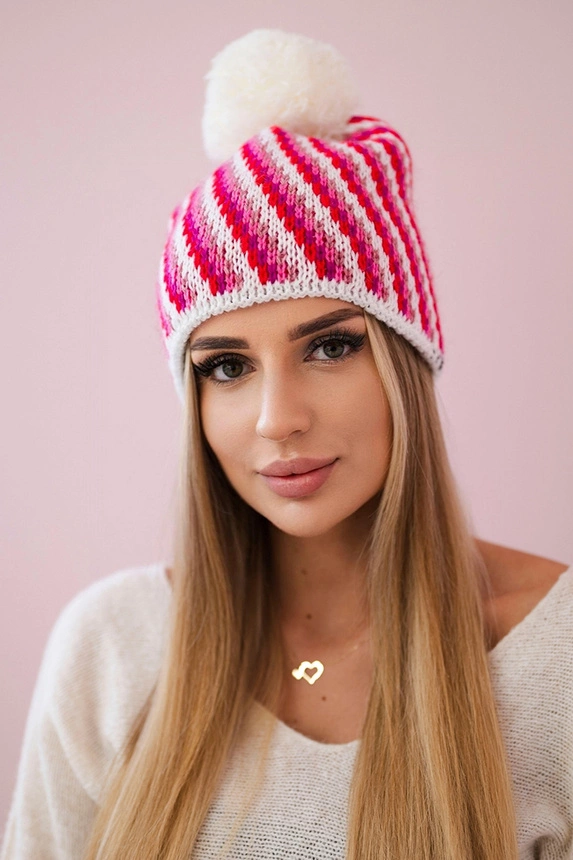 Dámska čiapka s pomponom Hanna K328 biela+fuchsiová