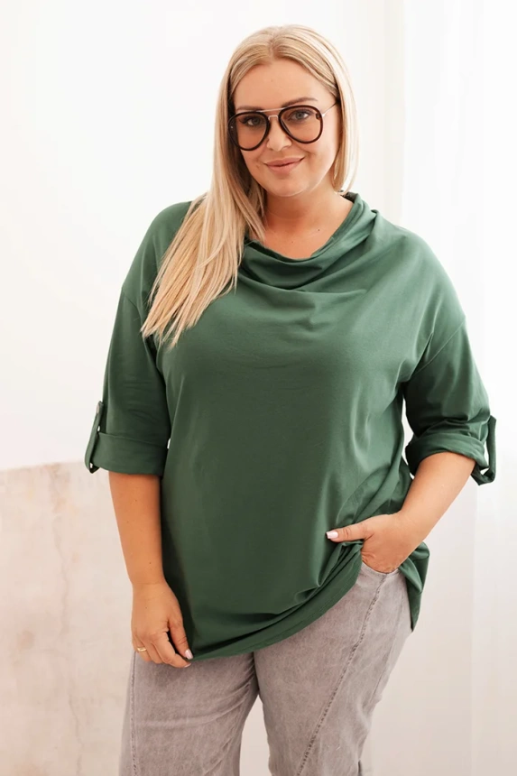 Dámska blúzka Plus Size z bavlnou vo voľnom strihu s vodným výstrihom tmavozelená