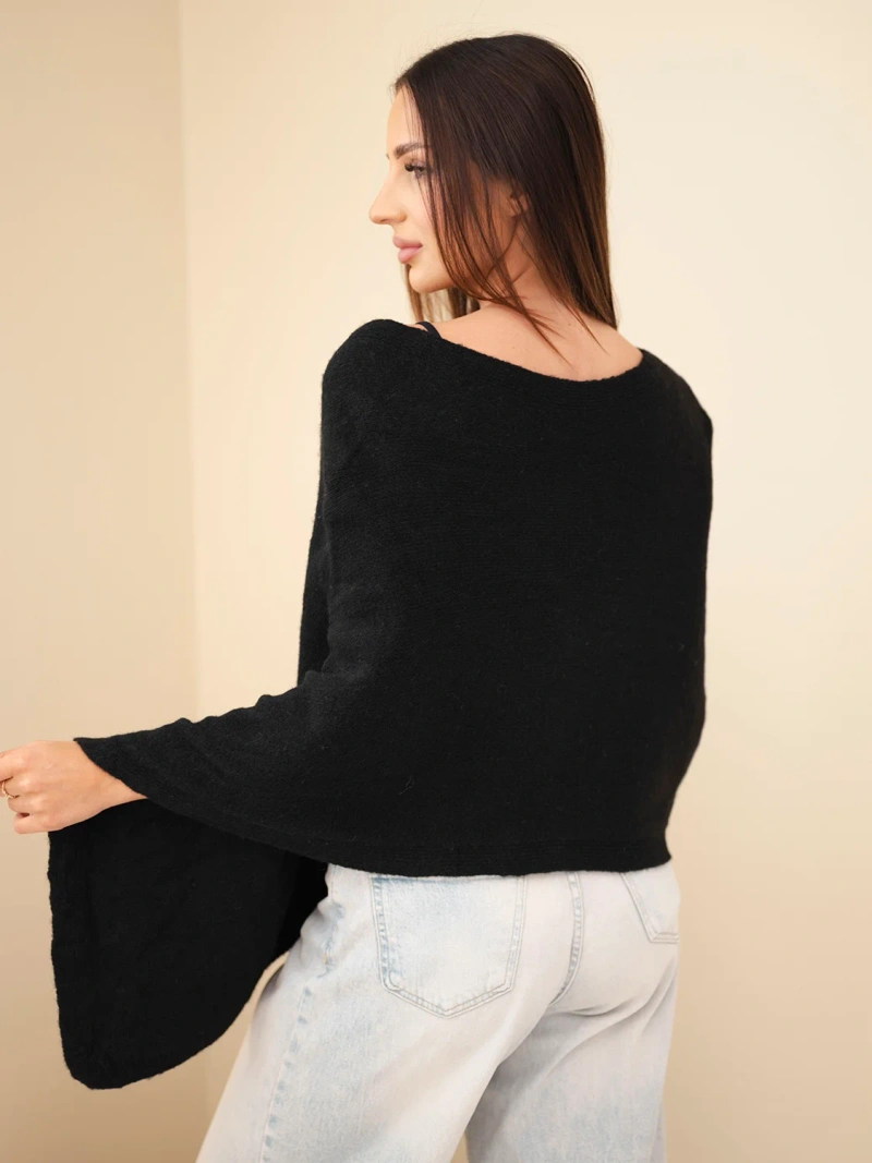 Dámsky sveter pončo z baby alpaky s gombíkmi čierny