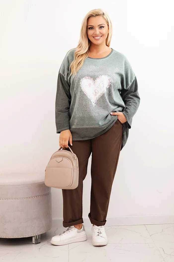 Women's Plus Size cotton sweatshirt with heart print and drawstrings khaki
