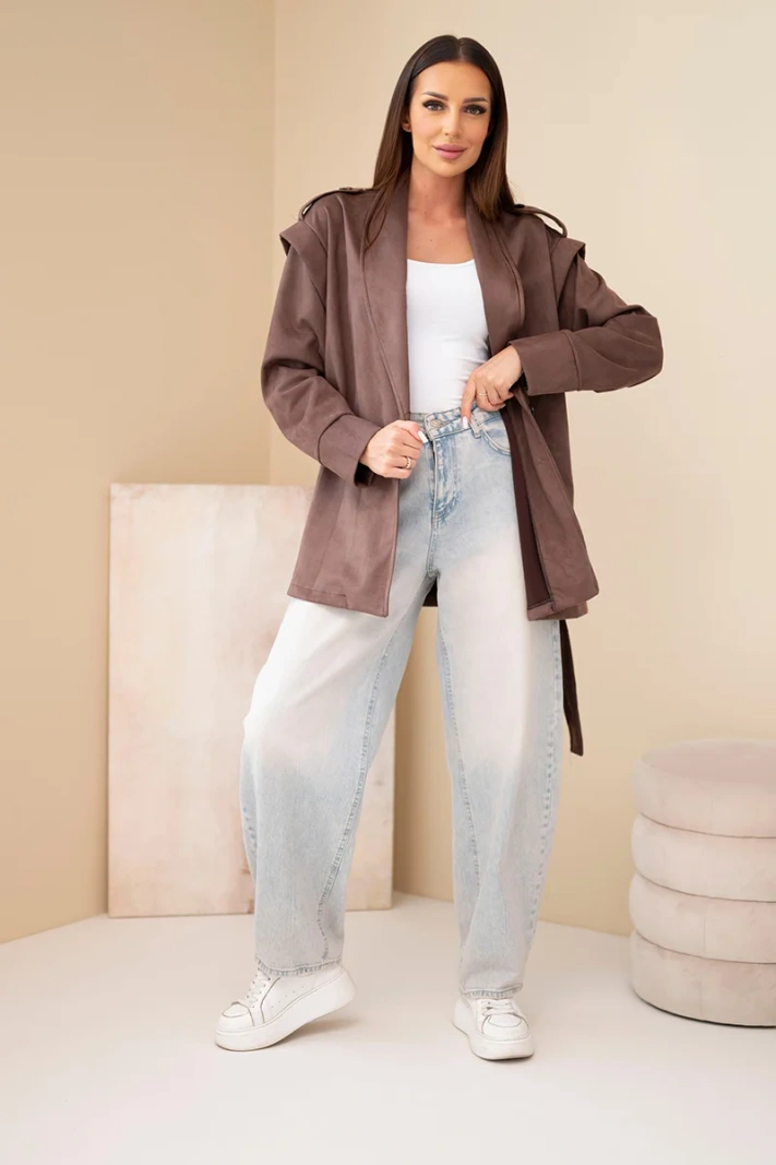Women's suede viscose coat with belt and epaulettes brown
