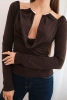 Women's blouse with draped neckline and long sleeves brown