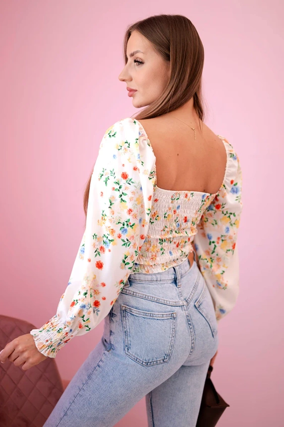 Women's floral Spanish blouse, long sleeve beige