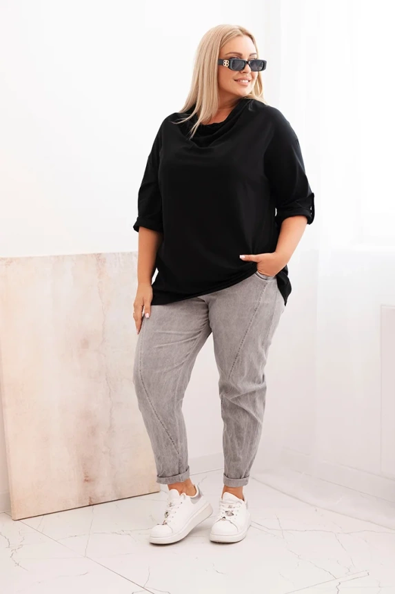 Damenbluse Plus Size aus Baumwolle mit lockerer Passform und Wasserfall-Ausschnitt schwarz