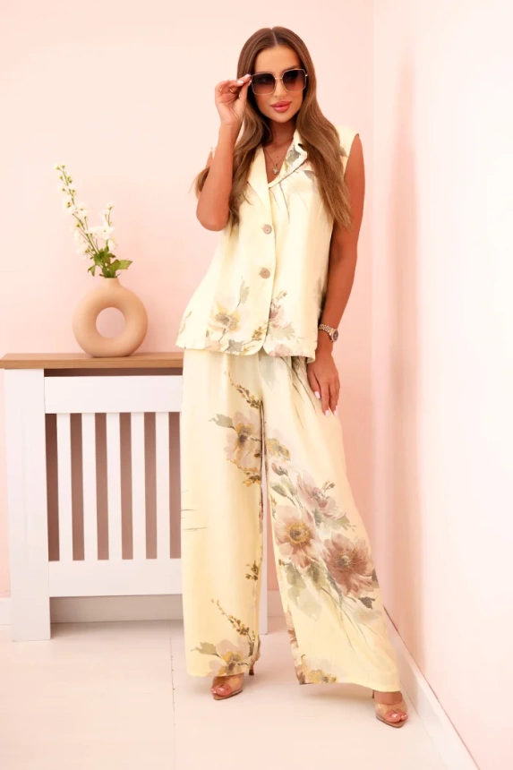 Komplet damska z wiskozy kamizelka i spodnie w kwiaty żółty