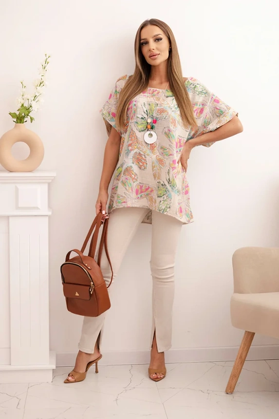 Damenbluse aus Baumwolle mit Schmetterlingsmotiv und kurzen Ärmeln beige