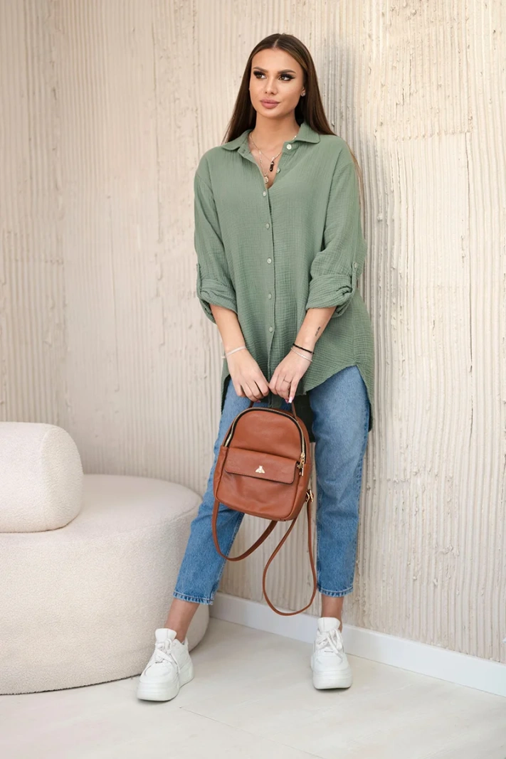 Bavlněná mušelínová košile oversize khaki