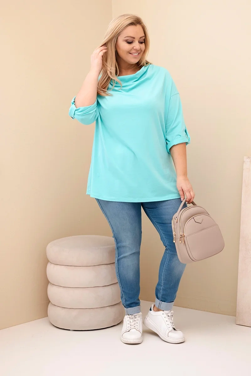 Bluzka damska Plus Size z bawełną o luźnym kroju z dekoltem wodnym miętowa