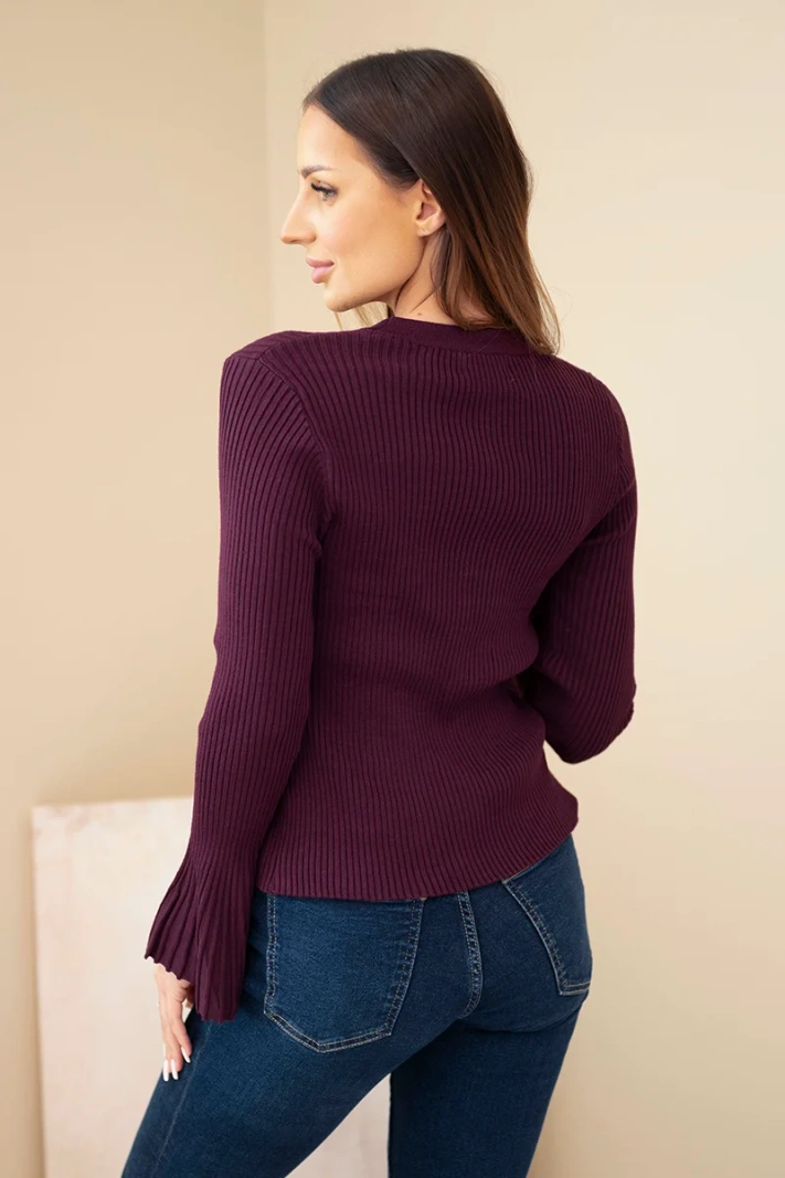 Women's ribbed viscose blouse with buttons and wide sleeve plum
