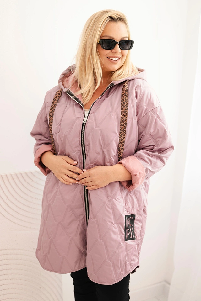 Kurtka damska Plus Size pikowana z kapturem i napisem HOPE ciemno różowa