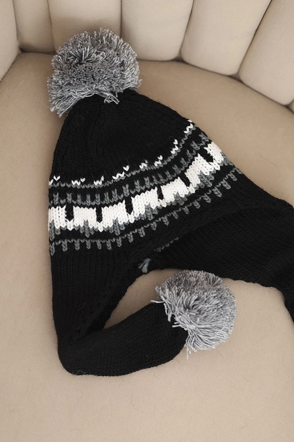 Women's winter wool hat with ear flaps and pom-poms K436 black + graphite