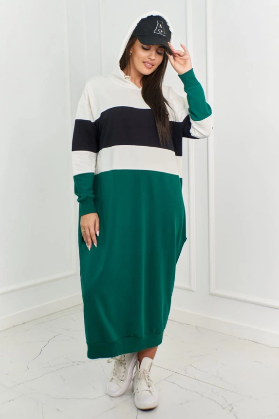Dreifarbiges Kleid mit Kapuze Ecru + Schwarz + Dunkelgrün