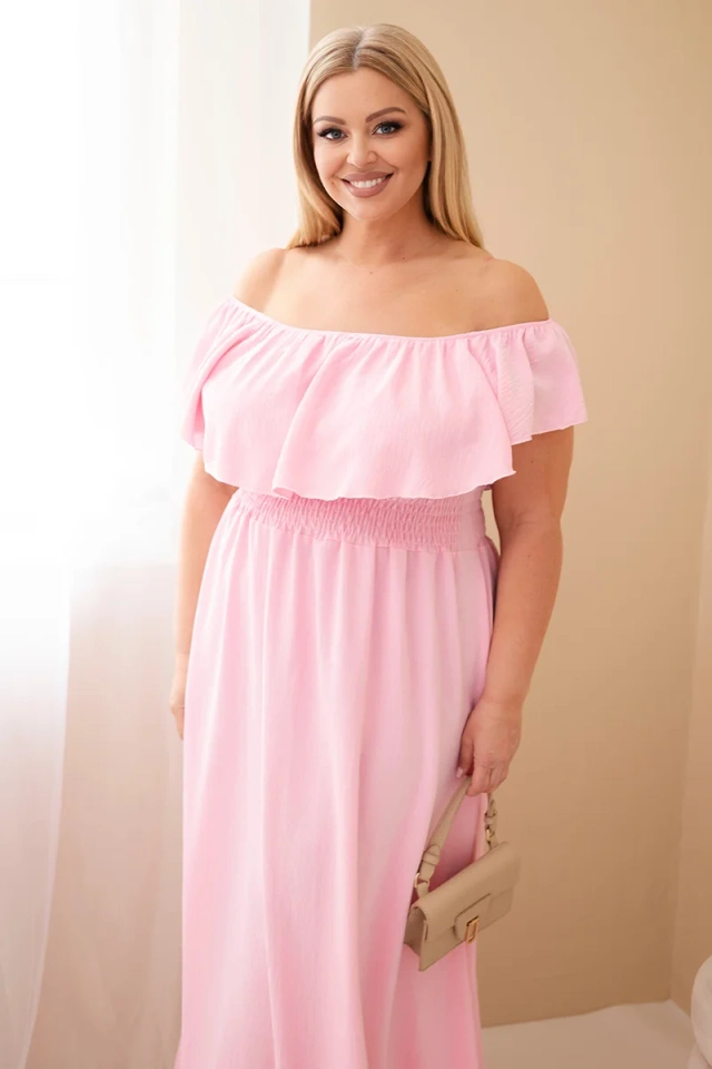 Damenkleid Plus-Size mit Rüsche und elastischer Taille bonbonrosa