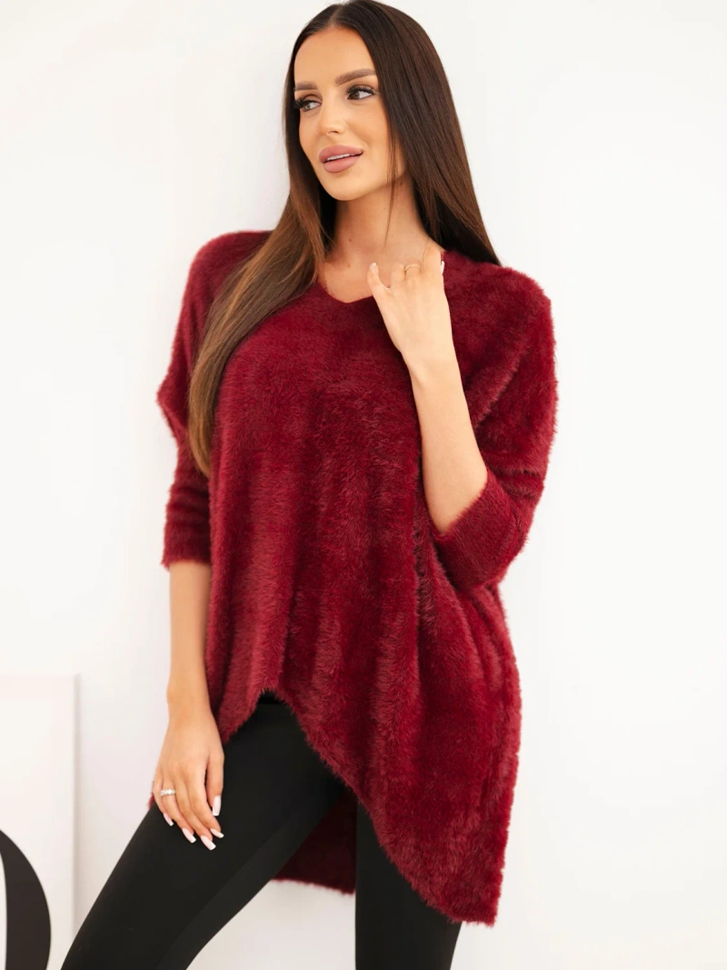 Sweter damski Plus Size z dekoltem V bordowy