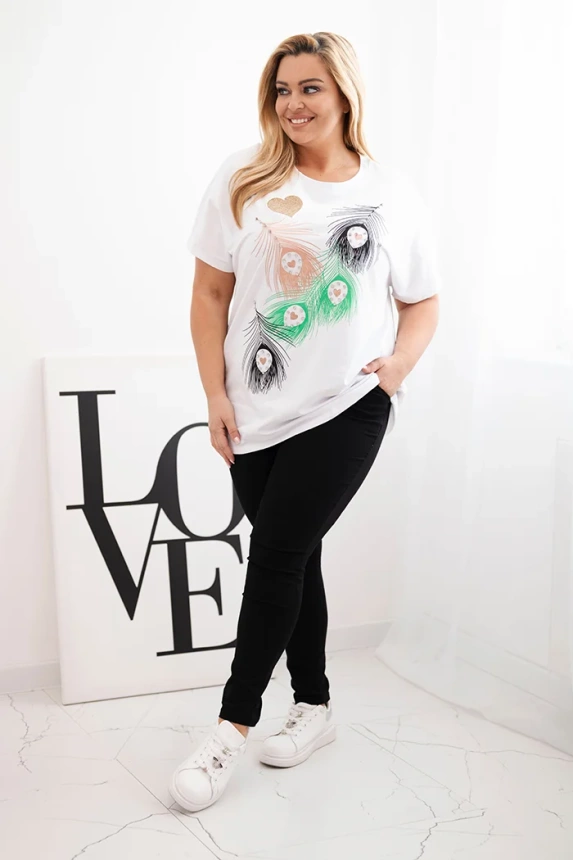 Dámská bavlněná halenka Plus Size s motivem peří bílá + zelená