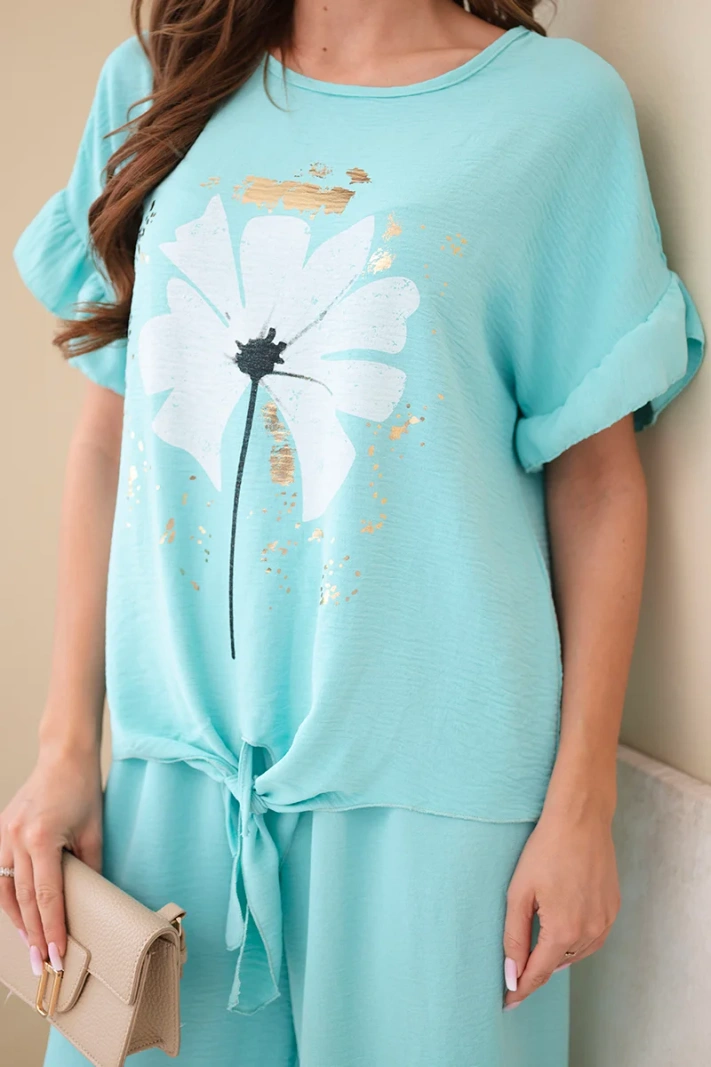 Women's viscose set with a printed blouse and pants mint