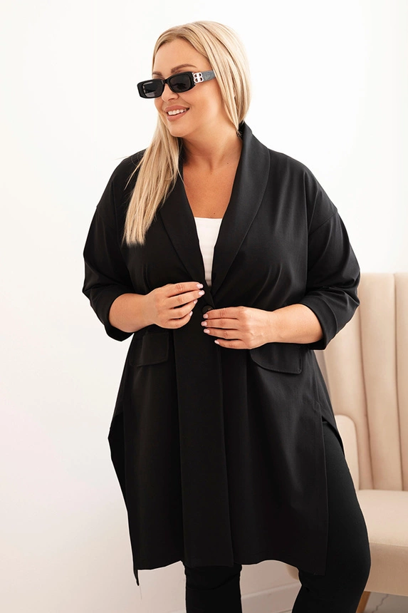 Moteriška Plus Size Punto megzta striukė su medvilne, užsegama mygtuku juoda