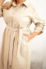Plus Size women's dress made of eco-leather with a belt and collar beige