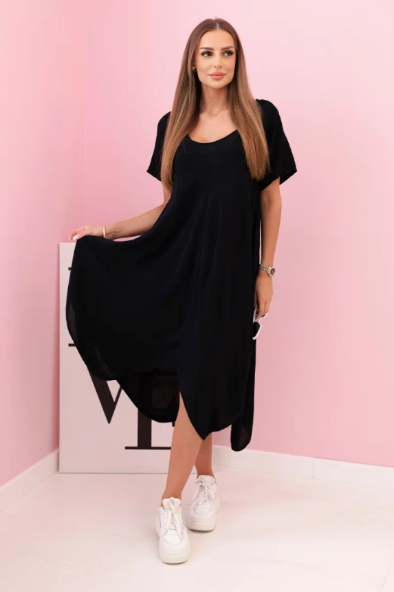 Damenkleid aus Viskose mit kurzen Ärmeln und ausgestelltem Saum schwarz