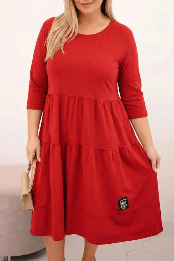 Damen Baumwollkleid Plus Size mit Rüschen und umgeschlagenen Ärmeln rot