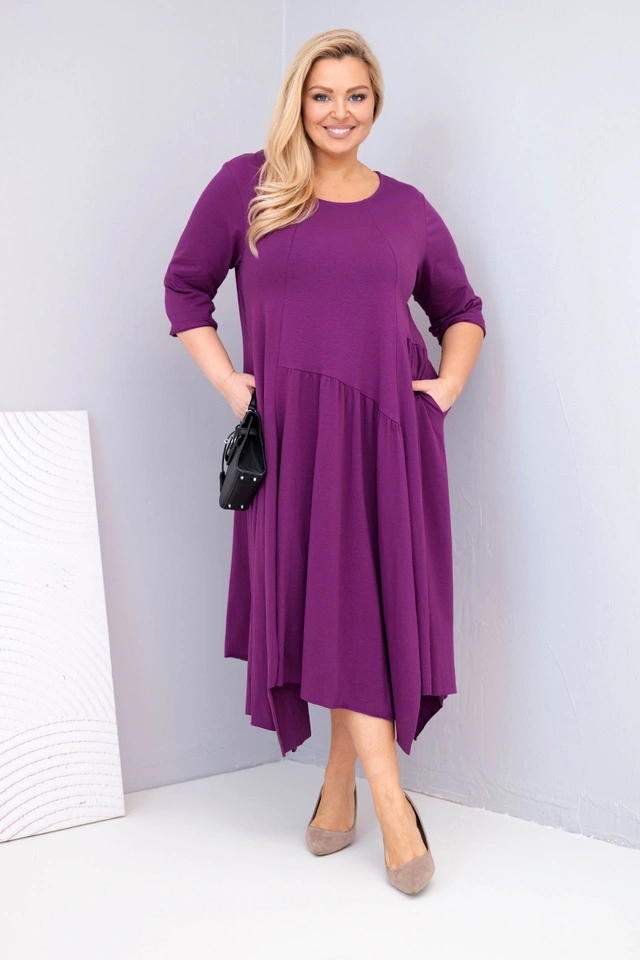 Plus Size women's cotton dress with an asymmetrical hem dark purple