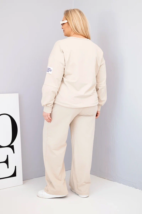 Women's Plus Size cotton set with a loose sweatshirt and wide-leg pants beige