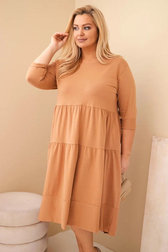 Plus Size women's cotton dress with ruffles and rolled-up sleeves camel