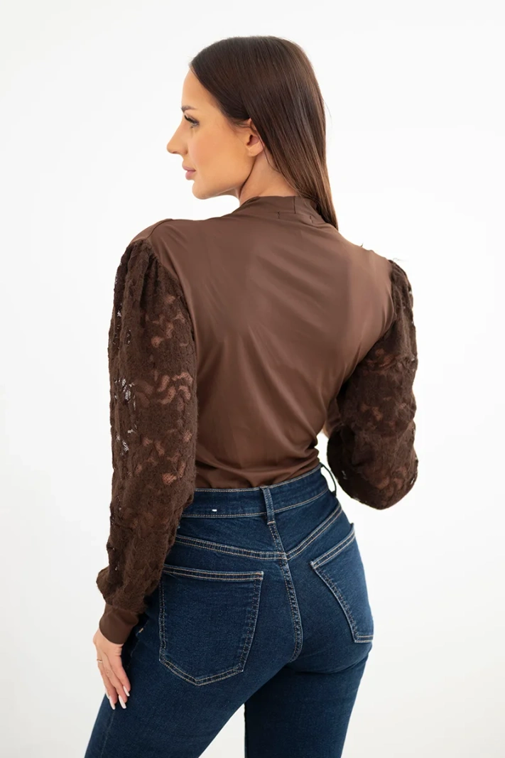 Women's wrap bodysuit blouse with lace sleeves brown