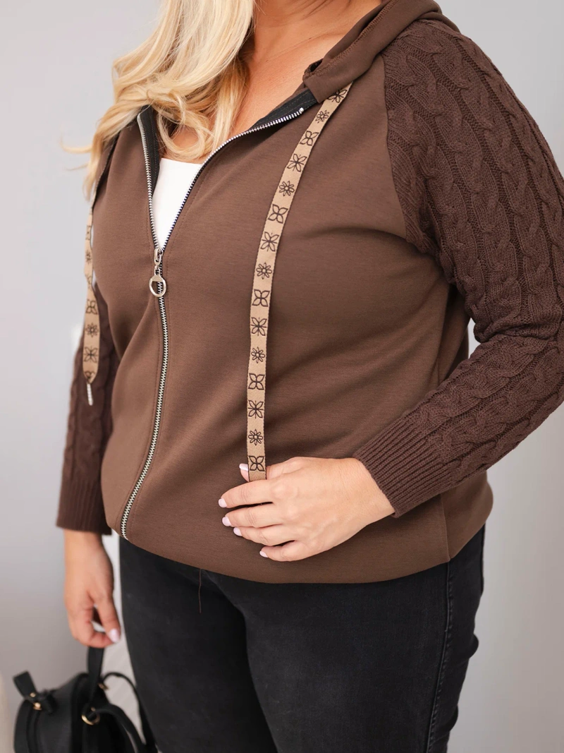 Plus Size women's cotton sweatshirt with knitted sleeves and hood brown