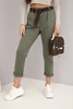 Women's cotton pants with a belt and rolled-up cuffs khaki