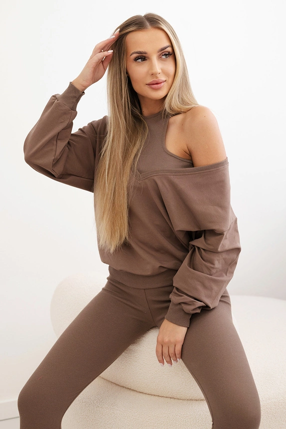 3-dílný set halenka + top + legíny mocca