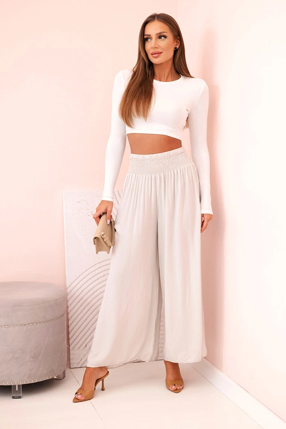 Women's viscose trousers with elastic waistband beige