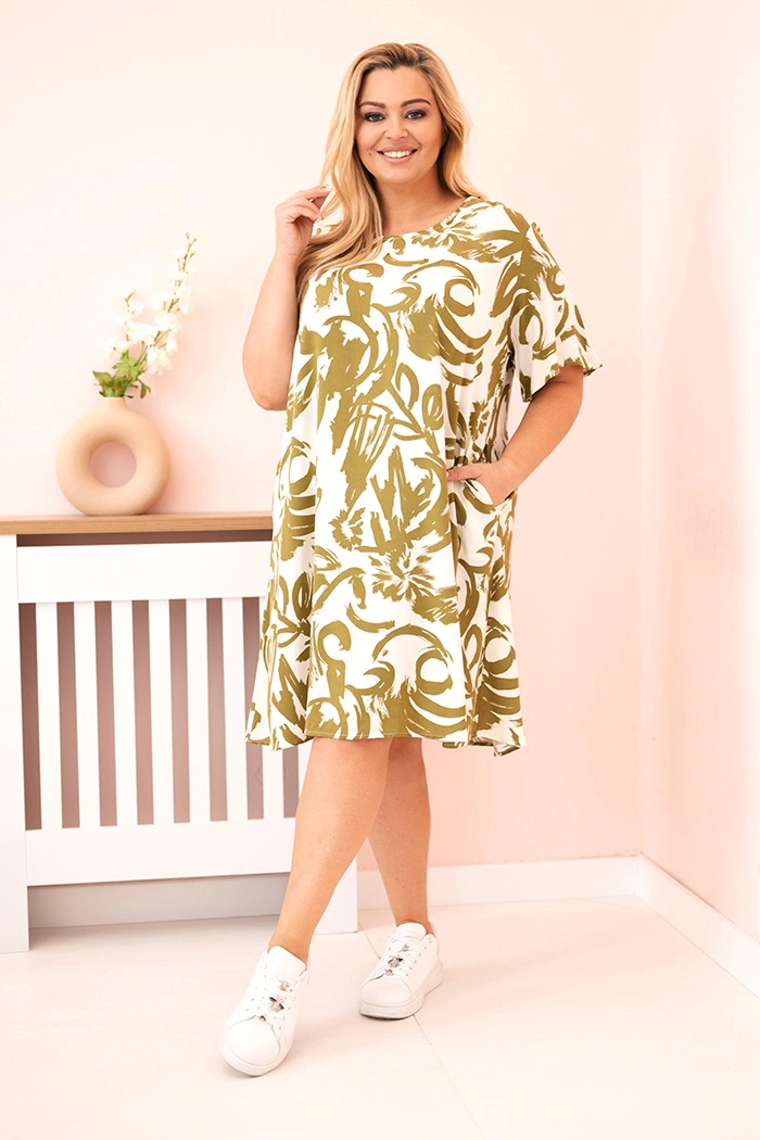 Sukienka damska Plus Size z wiskozy z abstrakcyjnym wzorem oliwkowa zdjęcie 1