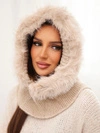 Women's knit hooded hat with fur and neck cover beige