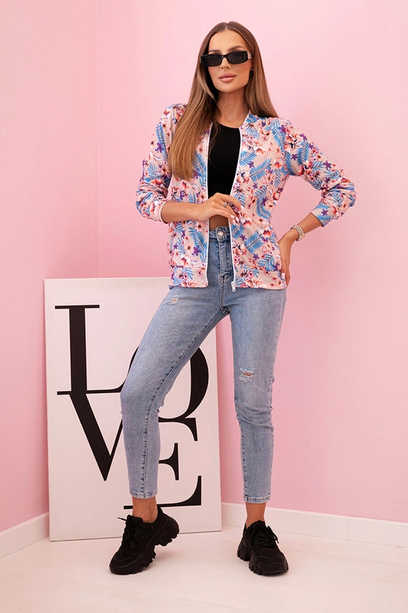 Women's cotton sweatshirt with print and zipper neon pink