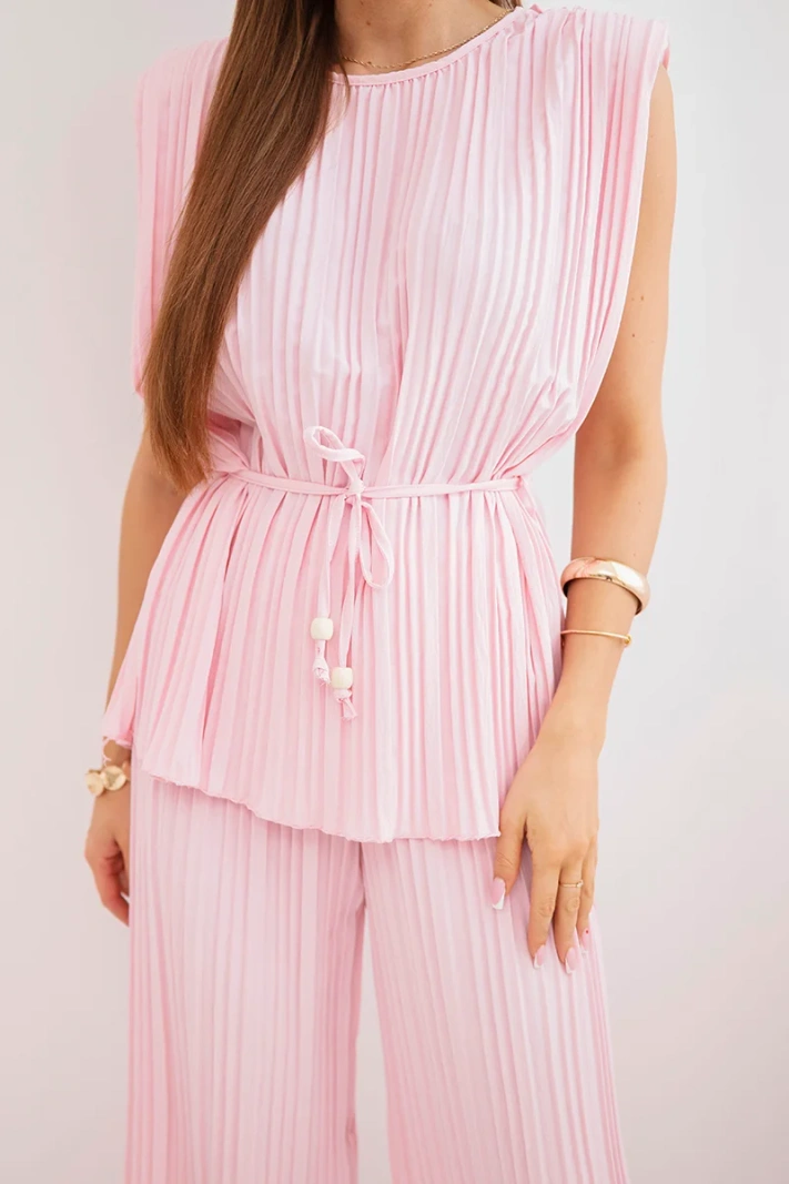 Women's pleated viscose set with a tie-front blouse and wide-leg trousers candy pink