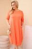 Plus Size women's cotton dress with rolled-up sleeves and pockets peach