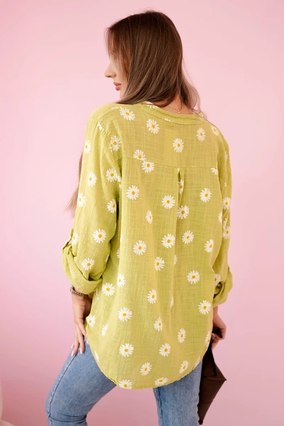 Linen Women's Blouse with Floral Pattern, Long Sleeves, and Buttons kiwi