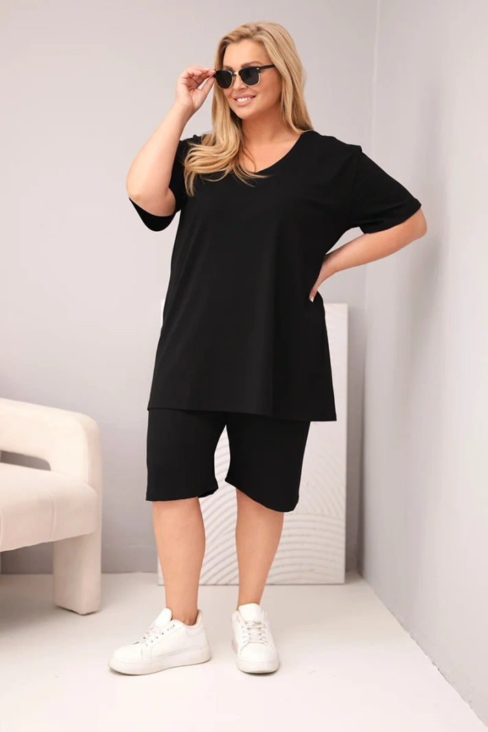 Damen-Baumwollset in Plus Size mit Bluse und Shorts schwarz