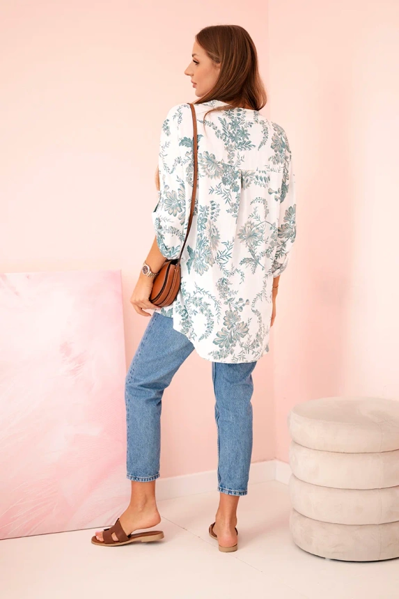 Women's V-neck shirt with a floral pattern dark mint