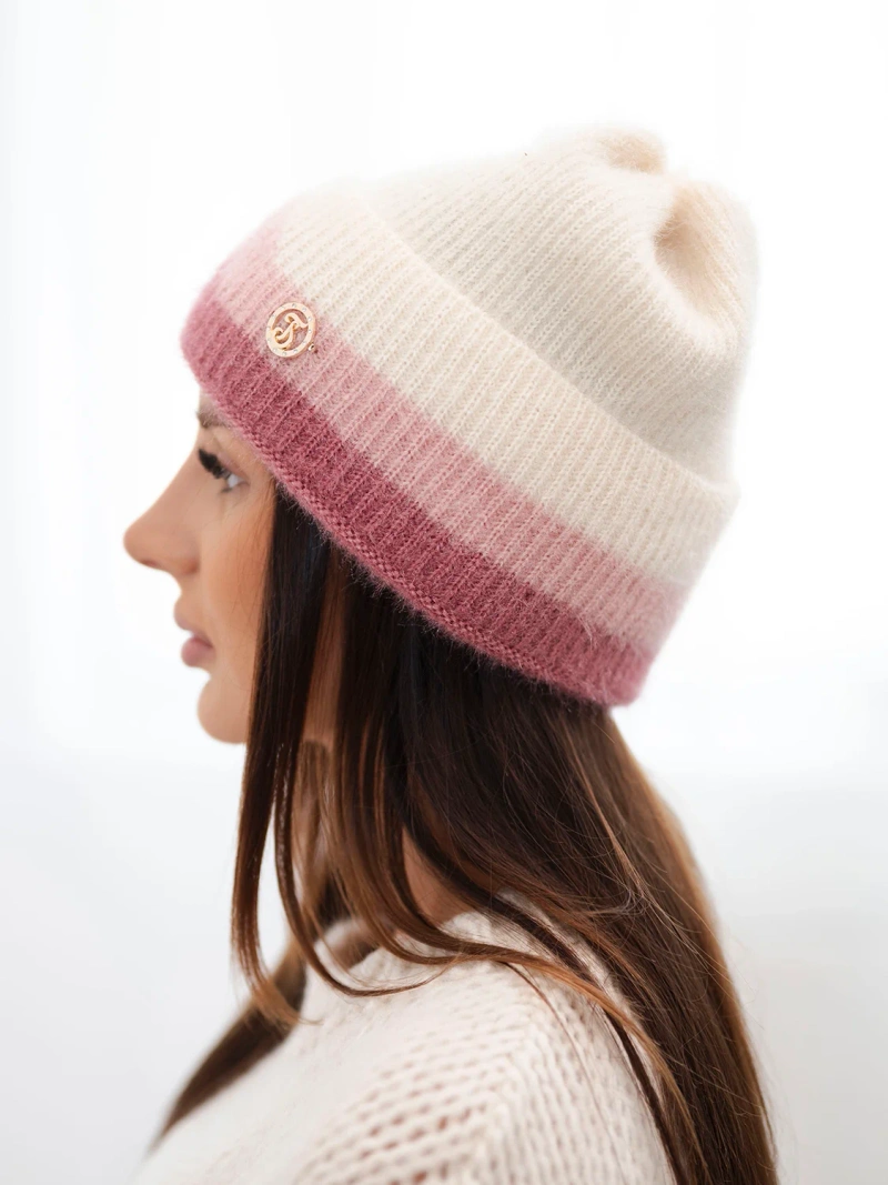 Čiapka dámska beanie rebrovaná s ozdobou béžová+tmavoružová