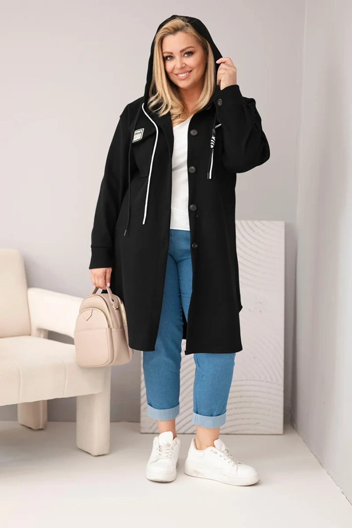 Women's plus-size hooded coat with button fastening black