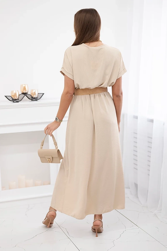 Long dress with a decorative belt beige